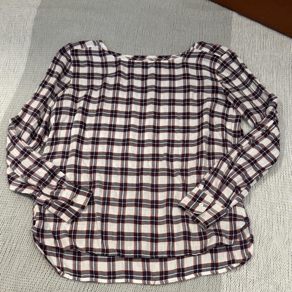 LOFT Outlet Plaid Long Sleeve Blouse | Cream, Burgundy & Navy | Size S
